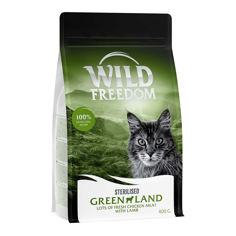 Wild Freedom Sterilised Greenland, 100% grain-free recipe with fresh chicken meat and lamb, 400g pack.