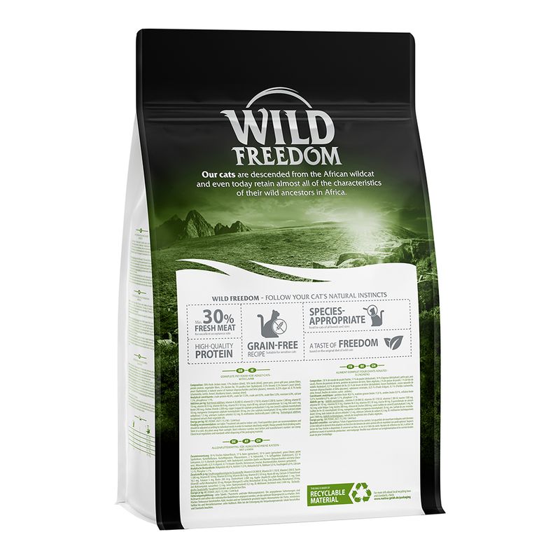 Wild Freedom cat food, 30% fresh meat, grain-free recipe, species-appropriate, high-quality proteins, recyclable material.