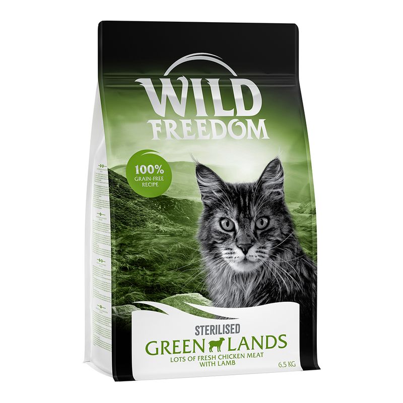 Wild Freedom Sterilised Green Lands cat food, 100% grain-free recipe, fresh chicken with lamb, 6.5 kg pack.