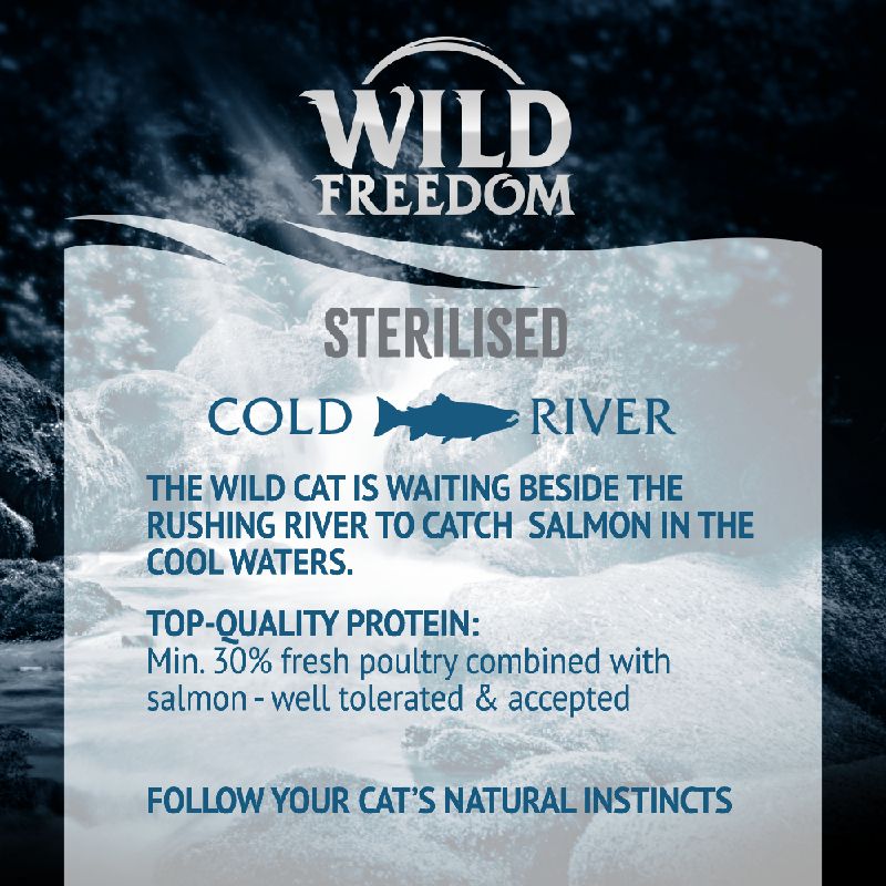 Wild Freedom Sterilised Cold River. Top-quality protein: min. 30% fresh poultry combined with salmon – well tolerated & accepted. Follow your cat’s natural instincts.