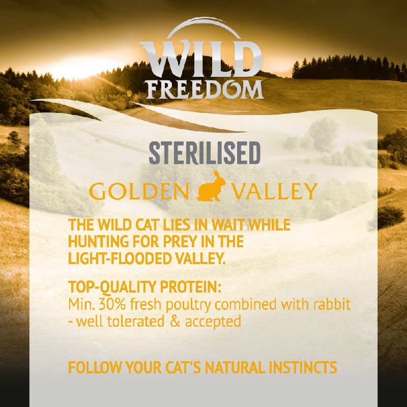 Wild Freedom STERILISED GOLDEN VALLEY. The wild cat lies in wait while hunting for prey in the light-flooded valley. Top-quality protein: min. 30% fresh poultry combined with rabbit. Follow your cat’s natural instincts.