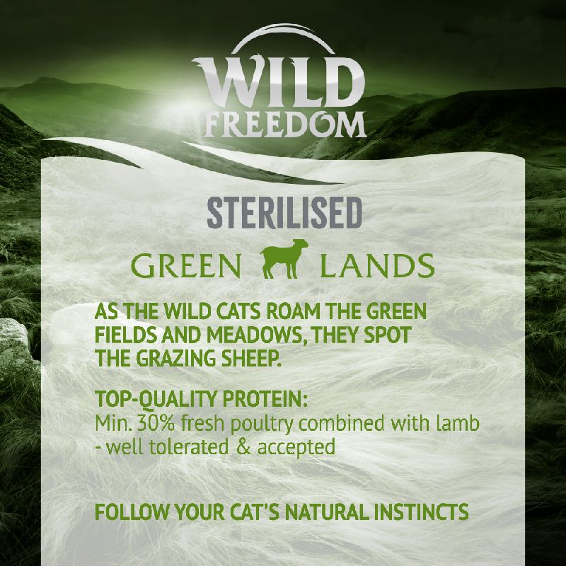 Wild Freedom STERILISED Green Lands. Top-quality protein: min. 30% fresh poultry combined with lamb – well tolerated & accepted. Follow your cat’s natural instincts.