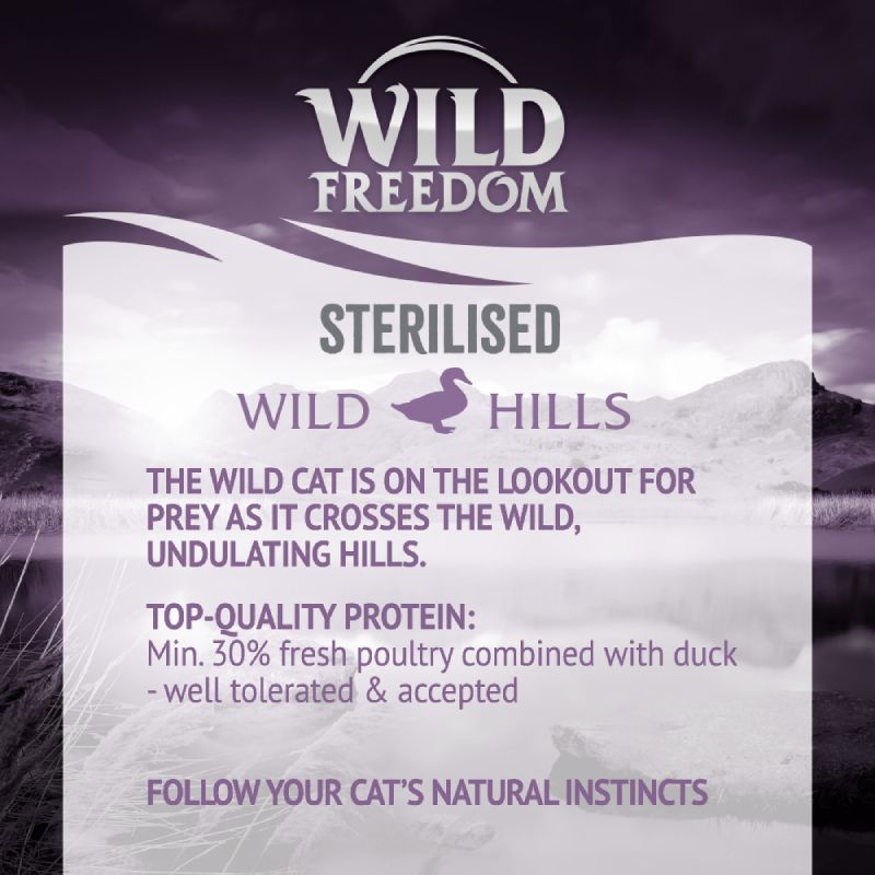 Wild Freedom Sterilised Wild Hills. The wild cat is on the lookout for prey as it crosses the wild, undulating hills. Top-quality protein: min. 30% fresh poultry combined with duck.