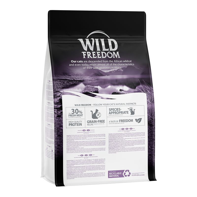 Wild Freedom cat food, 30% fresh meat, grain-free recipe, species-appropriate, high-quality proteins, recyclable material.