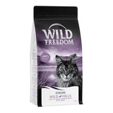Bag labelled Wild Freedom, 100% grain-free recipe, sterilised Wild Hills with lots of fresh chicken meat and duck, 2kg.