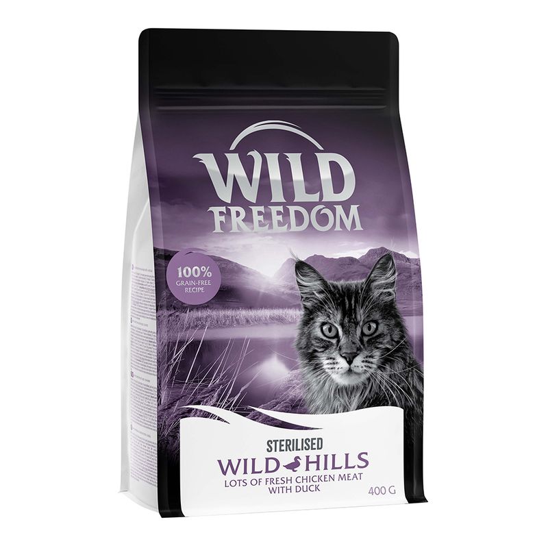 Sterilised Wild Hills dry food, 100% grain-free recipe, lots of fresh chicken meat with duck, 400g pack