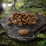 Triangular kibbles on stone plate, size 15-17 mm. Background with forest motif and visible wolf.