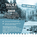Wolf of Wilderness Junior Blue River. 100% grain-free junior recipe with 33% fresh, free-range chicken and salmon protein. Responsibly sourced free-range meat from premium husbandry systems.