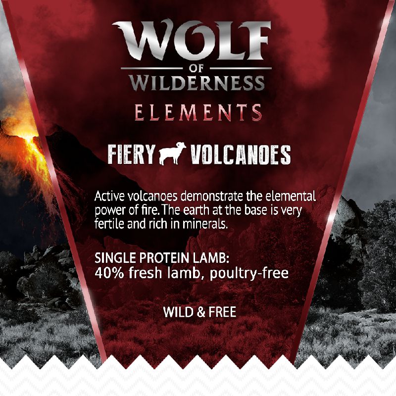 Wolf of Wilderness Elements Fiery Volcanoes. Single protein lamb: 40% fresh lamb, poultry-free. Active volcanoes symbolise fire's power and fertile earth. Wild & Free.