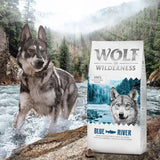 Wolf of Wilderness Blue River dry food with fresh chicken and salmon, 100% grain-free recipe, with forest berries, roots and wild herbs.