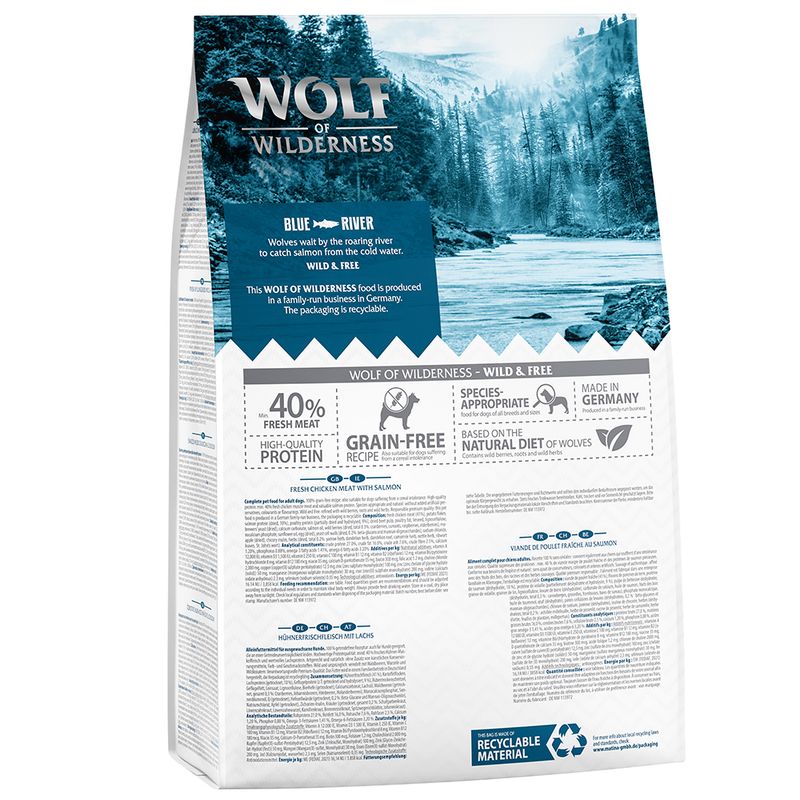 Wolf of Wilderness Blue River dry food with fresh chicken and salmon, 40% fresh meat, grain-free, species-appropriate, made in Germany, recyclable packaging.