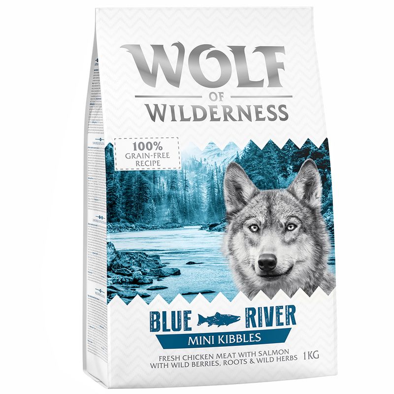 Wolf of Wilderness Blue River Mini Kibbles, 100% grain-free recipe, fresh chicken with salmon, wild berries, roots and wild herbs, 1kg.