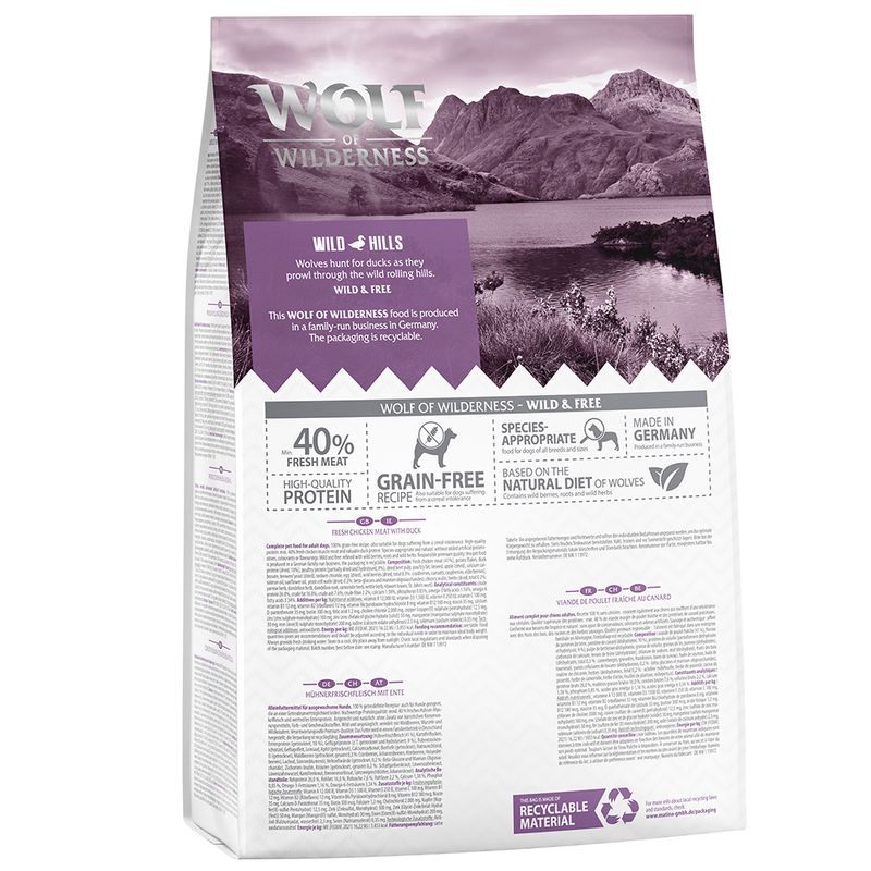 Wolf of Wilderness Wild Hills dry food with duck, 40% fresh meat, grain-free, made in Germany, based on natural wolf diet, recyclable packaging.