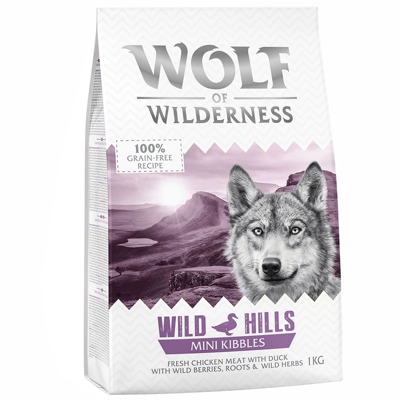Wolf of Wilderness Wild Hills Mini Kibbles, 100% grain-free recipe, fresh chicken with duck, berries, roots and herbs, 1kg.