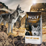 Bag labelled 'Wolf of Wilderness Elements Rocky Canyons', single animal protein, fresh beef meat, 100% grain-free recipe, shown outdoors with a wolf in a rocky canyon landscape.