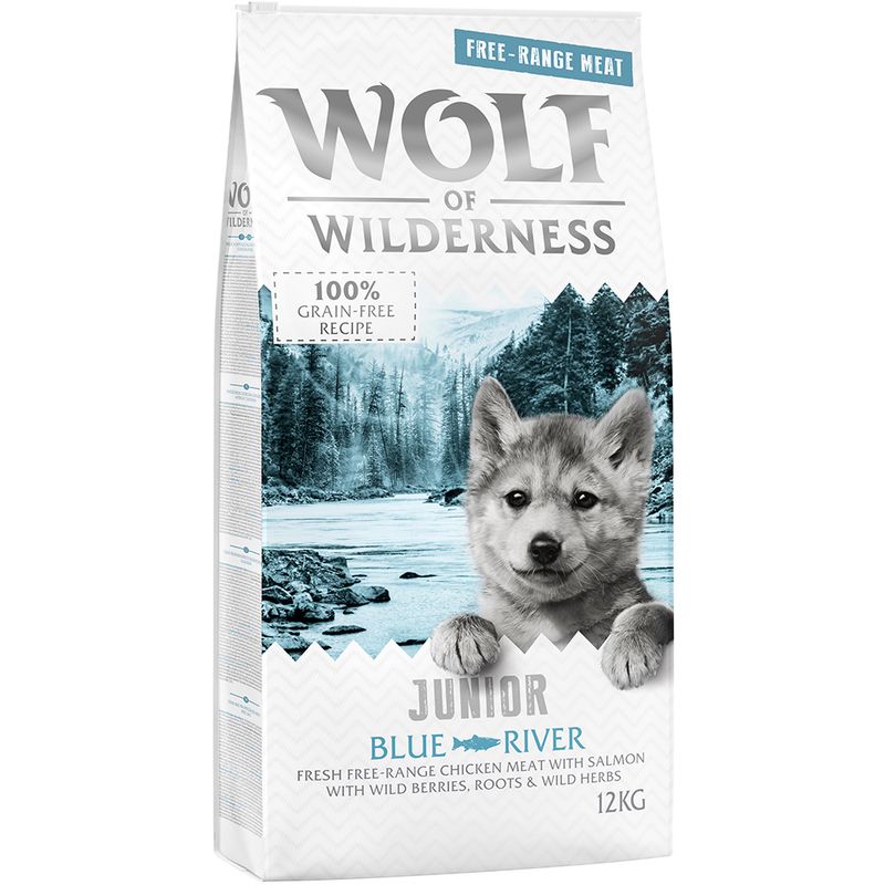 Wolf of Wilderness Junior Blue River, 12kg. Recipe with free-range chicken and salmon, wild berries, roots and herbs. 100% grain-free.