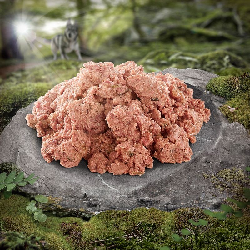 Fresh, raw meat on a stone in a natural forest setting. Background shows a wolf and sunlight.
