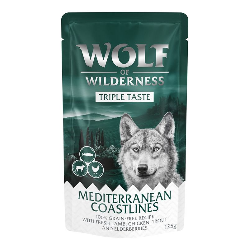 Wolf of Wilderness Triple Taste, Mediterranean Coastlines, 100% grain-free recipe with fresh lamb, chicken, trout and elderberries, 125g.