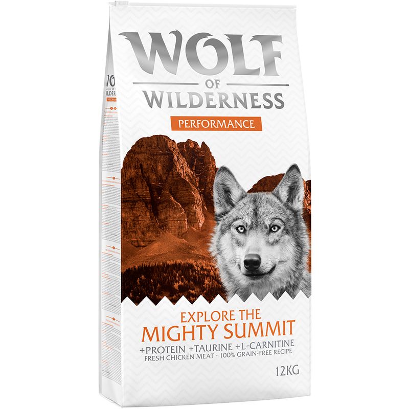 Wolf of Wilderness Performance dog food, Explore the Mighty Summit, with protein, taurine, L-carnitine, fresh chicken meat, 100% grain-free recipe, 12kg.