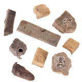 Various dried meat pieces in different shapes and sizes, coloured brown and beige.