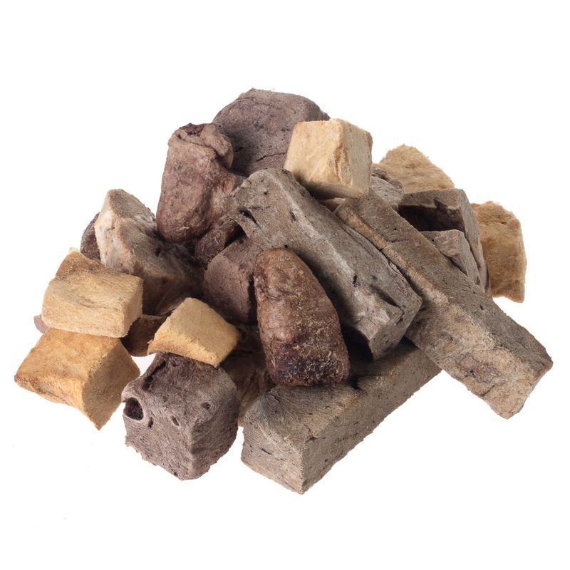 Various freeze-dried meat pieces in different shapes and colours, suitable as a snack or reward.