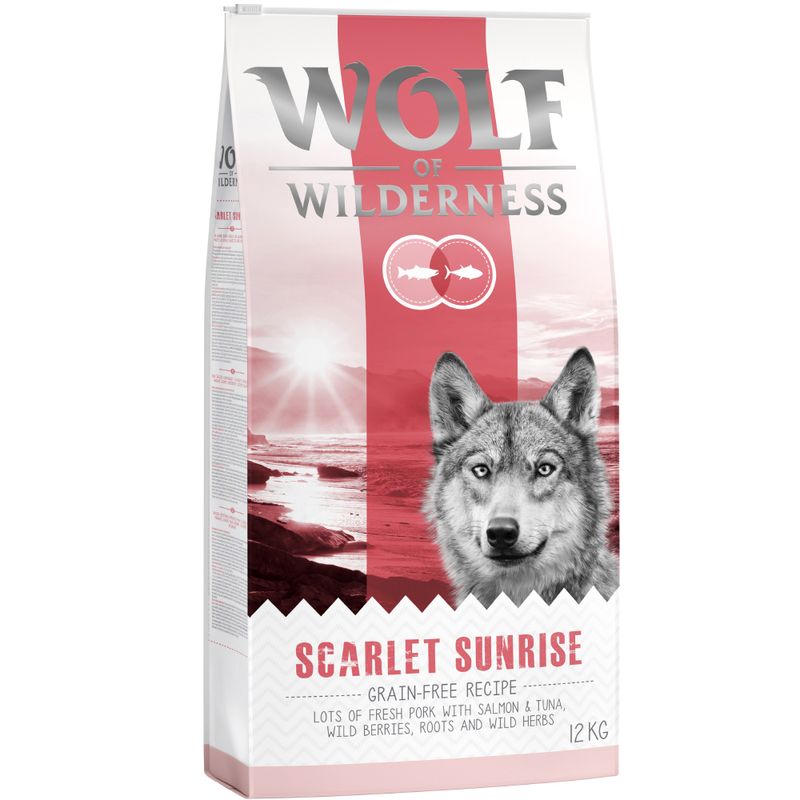 Wolf of Wilderness Scarlet Sunrise, grain-free recipe with fresh pork, salmon and tuna, wild berries, roots and wild herbs, 12kg bag.