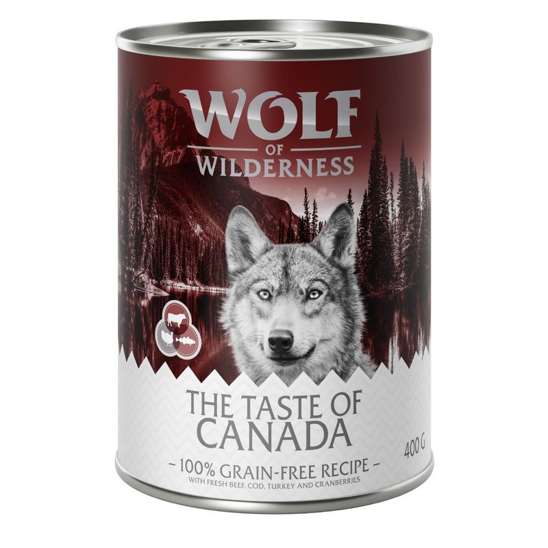 Wolf of Wilderness, The Taste of Canada, 100% grain-free recipe with fresh beef, cod, turkey and cranberries, 400g can.