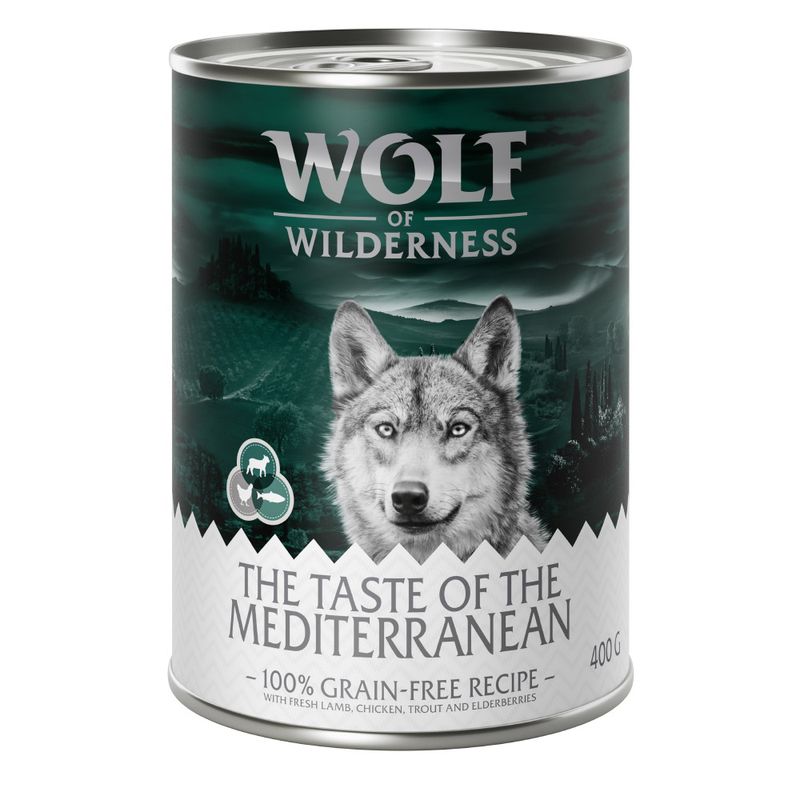 Wolf of Wilderness can, The Taste of the Mediterranean, 100% grain-free recipe with fresh lamb, chicken, trout and elderberries, 400g.