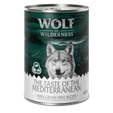 Wolf of Wilderness can, The Taste of the Mediterranean, 100% grain-free recipe with fresh lamb, chicken, trout and elderberries, 400g.