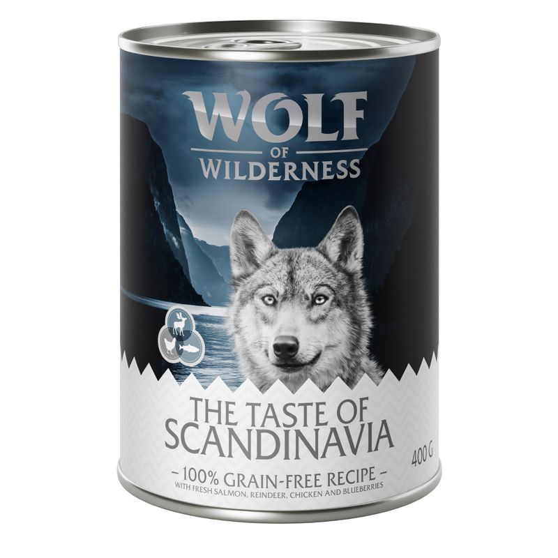 Wolf of Wilderness The Taste of Scandinavia, 100% grain-free recipe with fresh salmon, reindeer, chicken and blueberries, 400g.