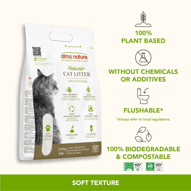 Natural cat litter, 100% plant-based, without chemicals or additives, flushable, biodegradable and compostable. Soft texture. Refer to local regulations for flushing.