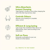 Ultra-absorbent, instant clumping; controls odours; efficient and long-lasting; soft on paws. All profits to the planet. Key features and benefits of litter product.