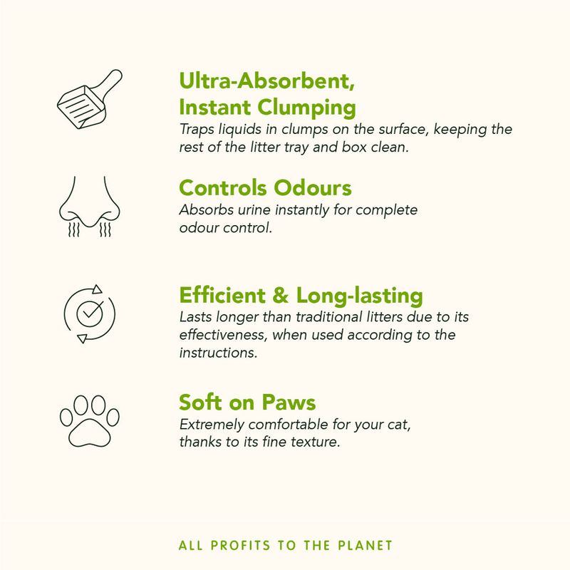 Ultra-absorbent, instant clumping; controls odours; efficient and long-lasting; soft on paws. All profits to the planet. Key features and benefits of litter product.