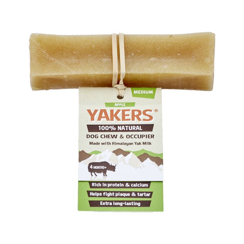 Yakers 100% natural dog chew, medium size, apple flavour, made with Himalayan yak milk. For 4 months and older. Rich in protein and calcium, helps fight plaque and tartar, extra long-lasting.