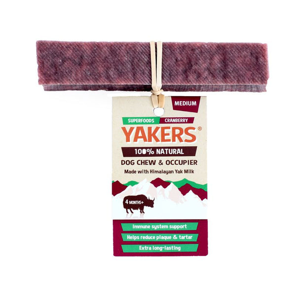 Yakers 100% natural dog chew and occupier, medium size, made with Himalayan yak milk and cranberry. Supports immune system, reduces plaque and tartar, extra long-lasting, for 4 months+.