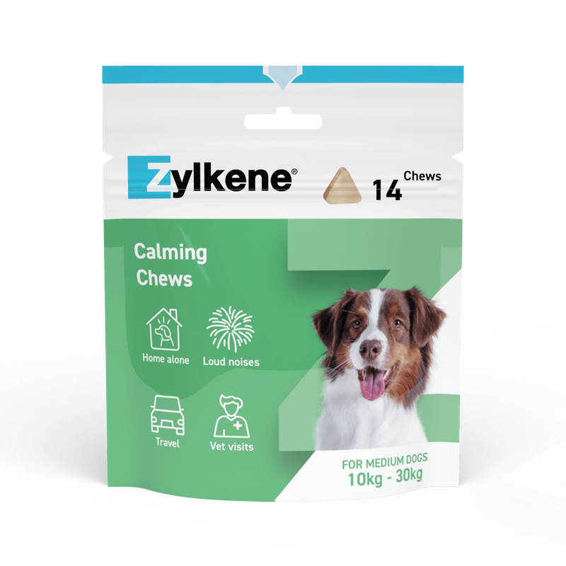 Zylkene Calming Chews, 14 pieces. For medium-sized dogs, 10–30 kg. Notes: Home alone, Loud noises, Travel, Vet visits.