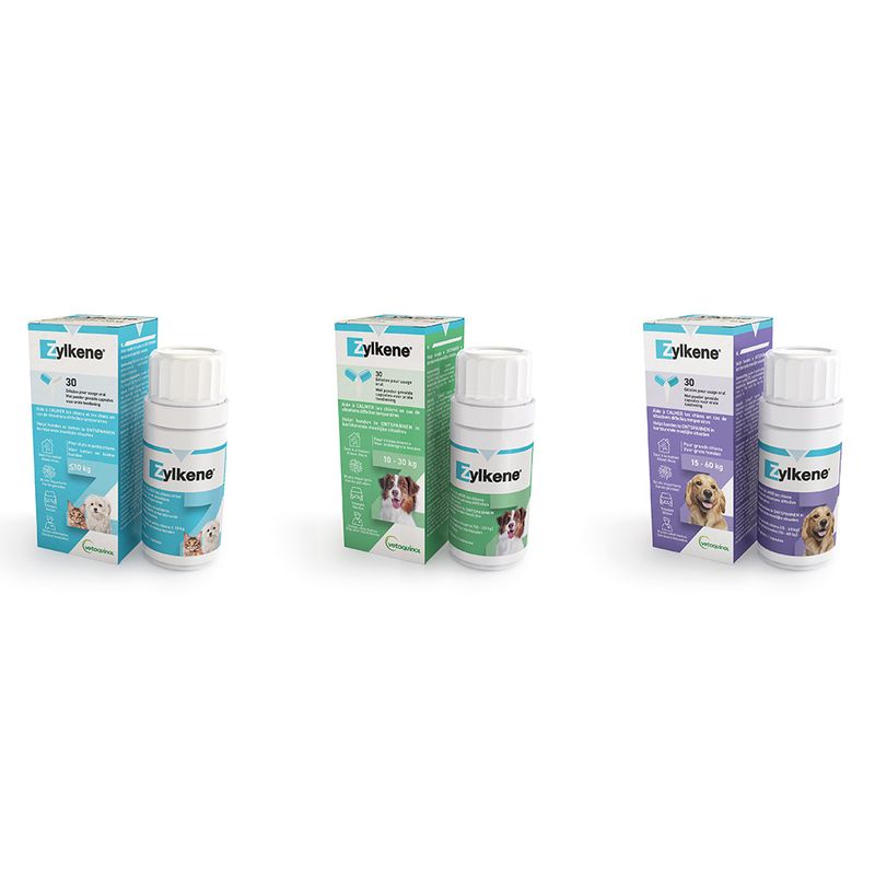 Zylkene food supplement for dogs and cats in three variants: 5-10 kg, 10-30 kg, 15-60 kg. Packaging with dosage instructions and product information visible.