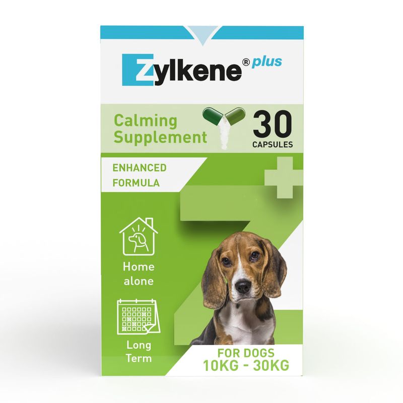 Zylkene plus Calming Supplement, 30 capsules, Enhanced Formula, Home alone, Long Term, for dogs 10kg–30kg.